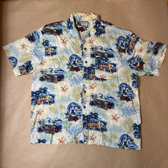 Disney Other - Disney Men's XL Surf‎ Van Hawaiian Print button up Shirt - Blue, Yellow, Green